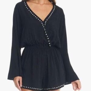 Bar III Women's Tell Me About It Stud Cover-Up Romper Black Silver Swim NWT S
